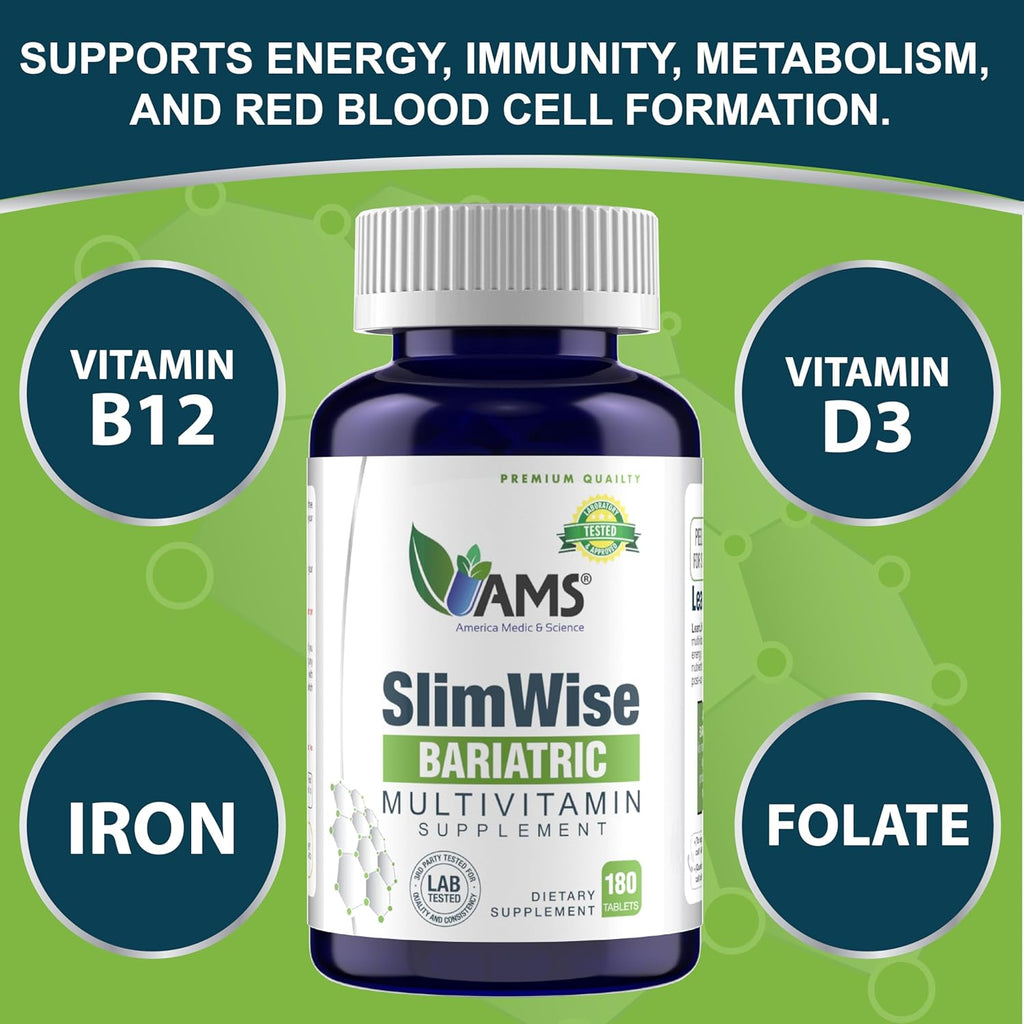 America Medic & Science SlimWise Bariatric Multivitamin – 180 Caplets | 2-Month Supply | Post Gastric Bypass & Sleeve Support | Iron, B12, Vitamin D3, Folate | Easy-to-Swallow Bariatric Vitamins