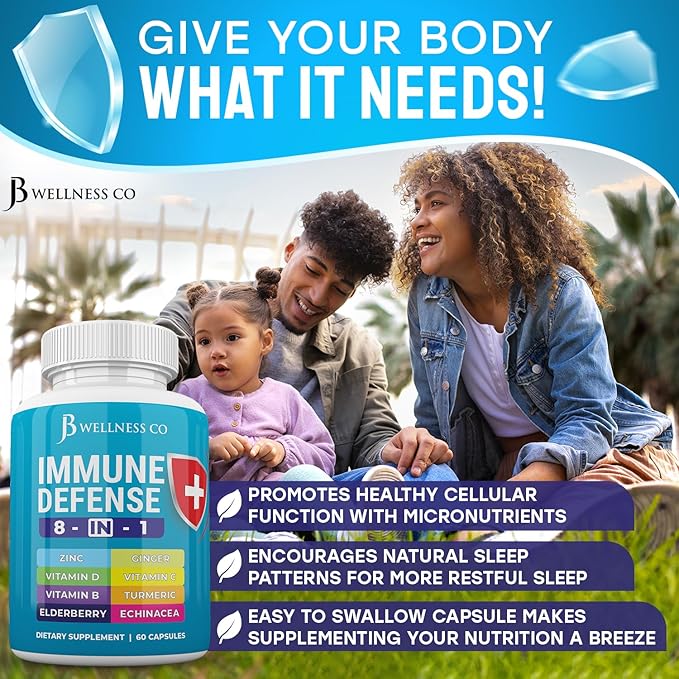 Immune Support 8 in 1 Capsules - Zinc Supplement, Vitamin D3, Vitamin C and Elderberry - Immune Booster with Echinacea, Ginger Root, and Turmeric - [2-Pack]