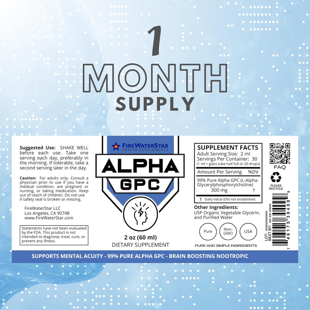 FWS Alpha GPC, 300 mg Liquid Alpha GPC Choline, Organic, Non-GMO, Fast Acting Nootropic Brain Supplement for Memory and Focus, Supports Healthy Brain Function for Mental Clarity
