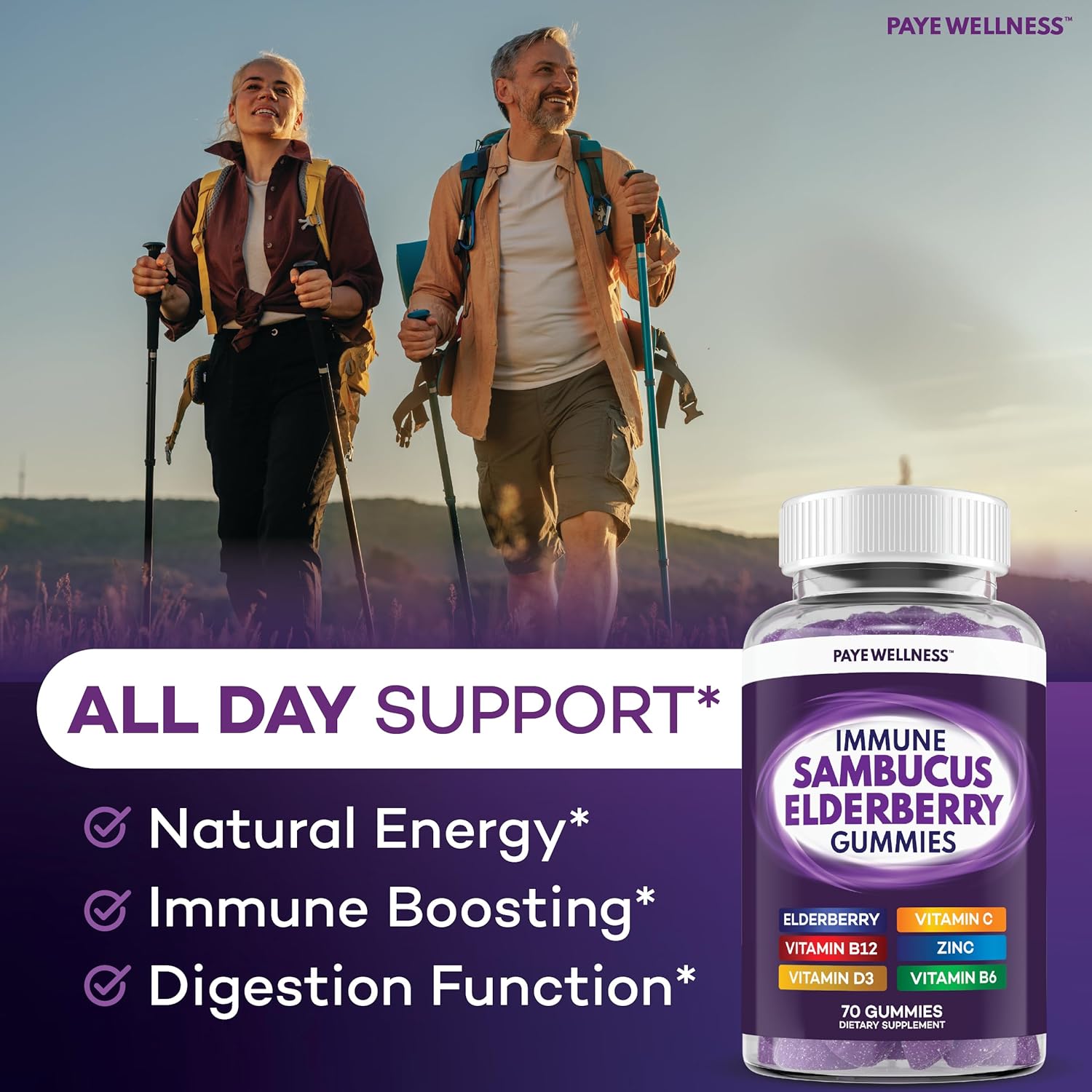 Elderberry Gummies Immune Support, Daily Support for Kids and Adults*, with Sambucus Elderberry, Zinc, Vitamin C, D3, B6, B12, Plus - Dietary Supplement - 70 Count