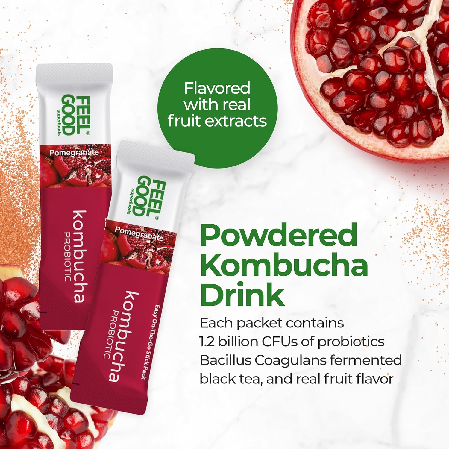 FeelGood Superfoods Kombucha Iced Tea Packets, Delicious Pomegranate Flavored Refreshing Instant Kombucha Powder Fizzy Drink, Probiotic Supplement for Gut Health, 14 pack