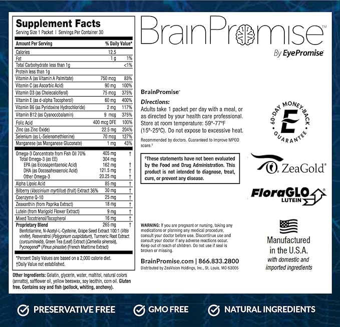 BrainPromise Eye & Brain Supplement by EyePromise - 30 Softgel Packets, 30-Day Supply - Eye Supplement with Brain Support for Memory & Focus, Made with Lutein and Zeaxanthin, Vitamin A, B, C, D & Zinc