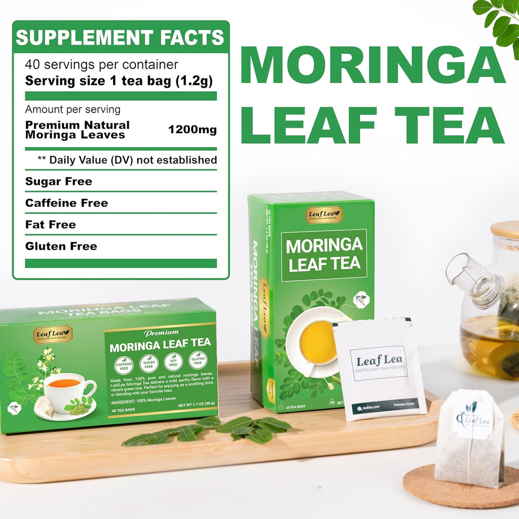 LeafLea 40 Moringa Tea Bags, 100% Natural and Pure Moringa Leaf Herbal Tea, Supports Digestion and Immune Health, Caffeine-Free, Sugar-Free, Vegan, Individually Wrapped for Freshness