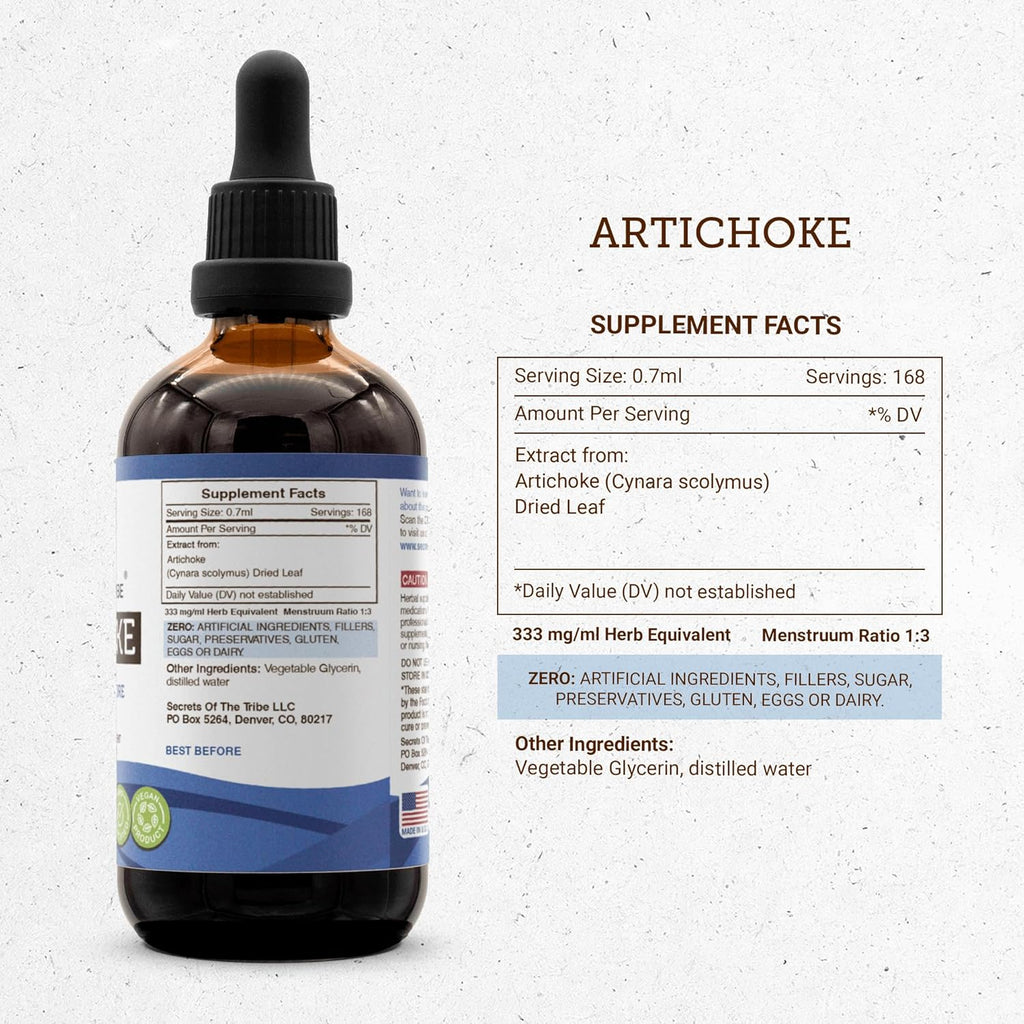 Secrets of the Tribe Artichoke Tincture Alcohol-Free Liquid Extract, Artichoke (Cynara scolymus) Dried Leaf (4 FL OZ)