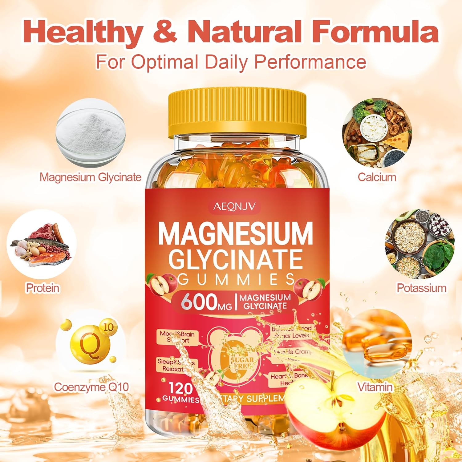 Magnesium Glycinate Gummies 600MG, Chewable Sugar Free Magnesium Citrate for Men & Women with L-Threonate, Vitamin B6, D3, Magnesium Supplements for Sleep, Body Support and Relaxation, 60 Day Supply