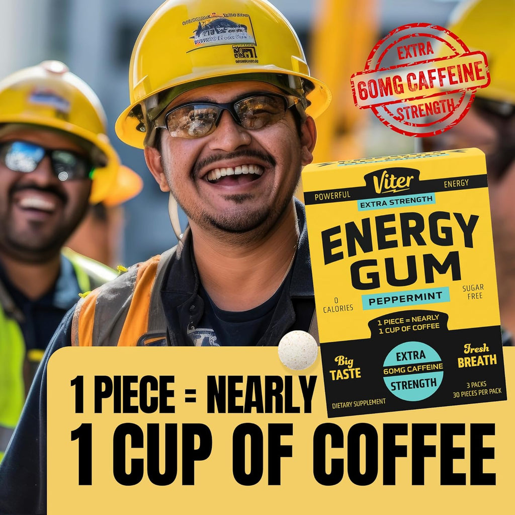 Viter Energy 60mg Caffeine Gum (Peppermint Flavor, 30 Pieces, 3 Pack) - Sugar Free, Vitamin B3, B6, B9, B12, Zero Calories, Caffeinated Energy Chews, Nootropic Focus Supplement for Men & Women