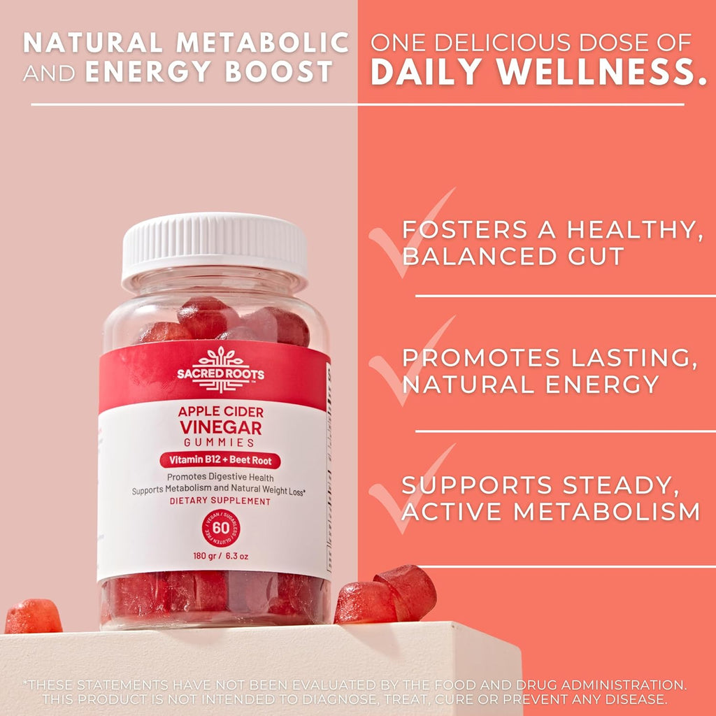 Apple Cider Vinegar Gummies - Sugar Free Apple Cider Gummies with Vitamin B12 and Beetroot Powder - Vegan, Non-GMO & Gluten-Free, Made in USA (30 Servings)