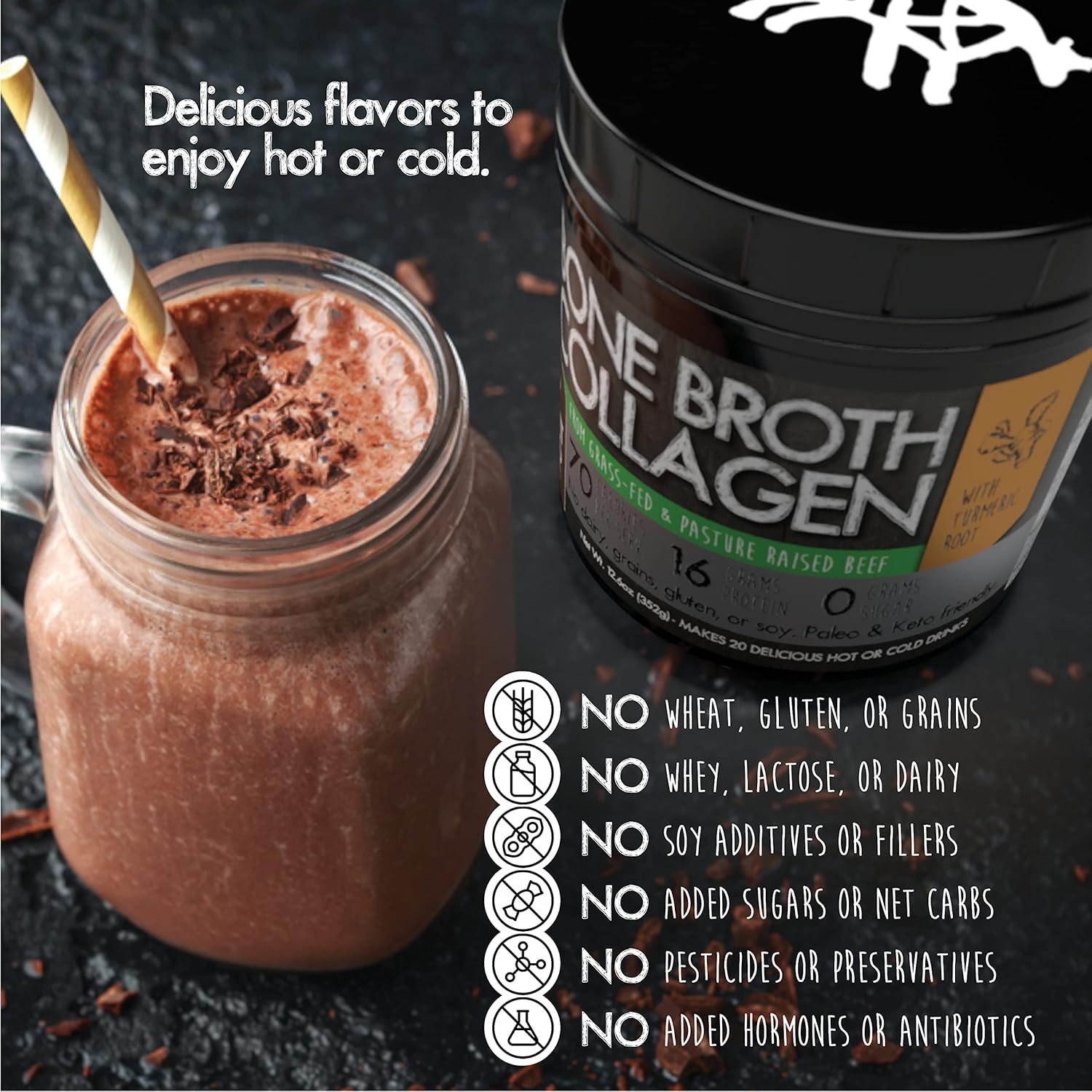 PaleoPro Bone Broth Collagen Protein Powder - Turmeric Root Grass-Fed Collagen Powder for Skin & Bones - Gluten Free, No Sugar, Soy, Grains, Net Carbs - Paleo & Keto Friendly 20 Servings Ancient Cacao