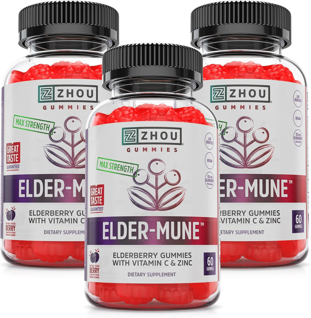 ZHOU Elder-Mune Elderberry Gummies - Black Elderberry Vitamin C, & Zinc, Daily Immune Support Supplement for Women & Men, Natural Chews for Adults & Children 4 & Up - 60 Gummies (3 Pack)