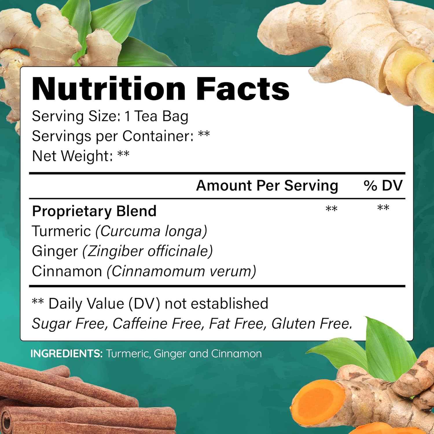 Lavitali, Ginger Turmeric Cinnamon Tea | 60 bags, 100% Pure Herbal Tea | Caffeine-Free, No Sugar, Eco-Friendly Filter Bag | Daily Natural Botanical, Hot or Iced Herbal Infusion