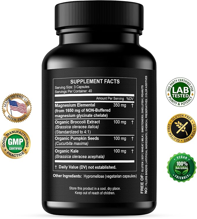 Pure Magnesium Glycinate Capsules - Non-Buffered 350mg Elemental Magnesium Supplement - Chelated High Absorption & Purity Magnesium Complex - Made in USA