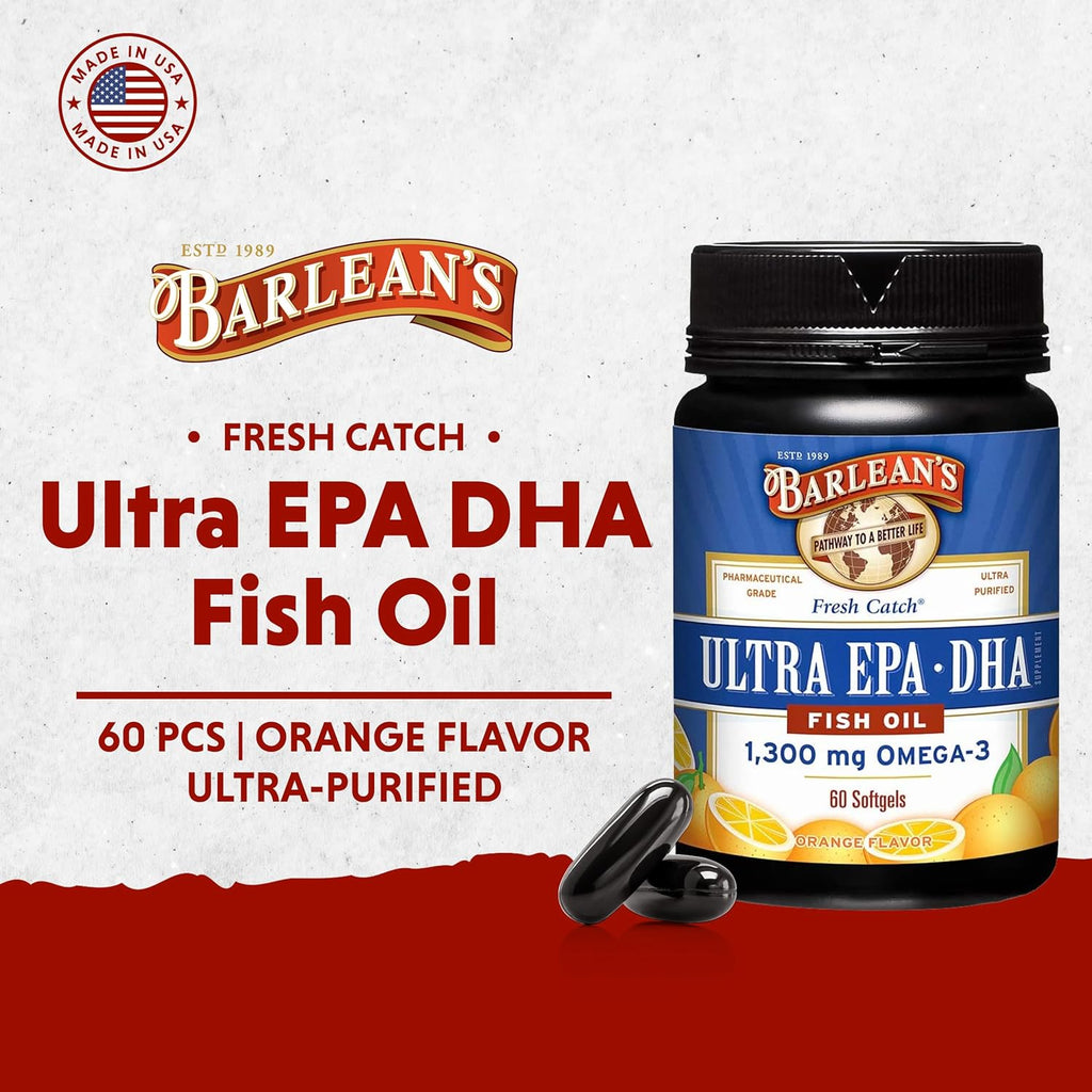Barlean's Omega 3 Fish Oil Supplements, Supplement Softgels for Men and Women, 1300 mg Ultra EPA and DHA Fatty Acids, Orange Flavored, 60 Count
