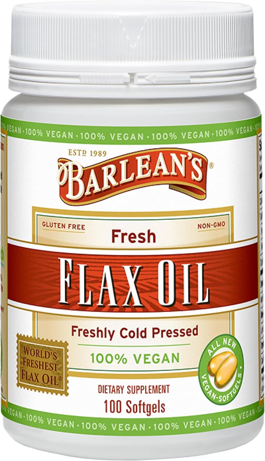 Barlean's Vegan Flaxseed Oil Supplements, Cold-Pressed Flax Seed Supplement Softgels with 1650 mg ALA Fatty Acids, 100 Count