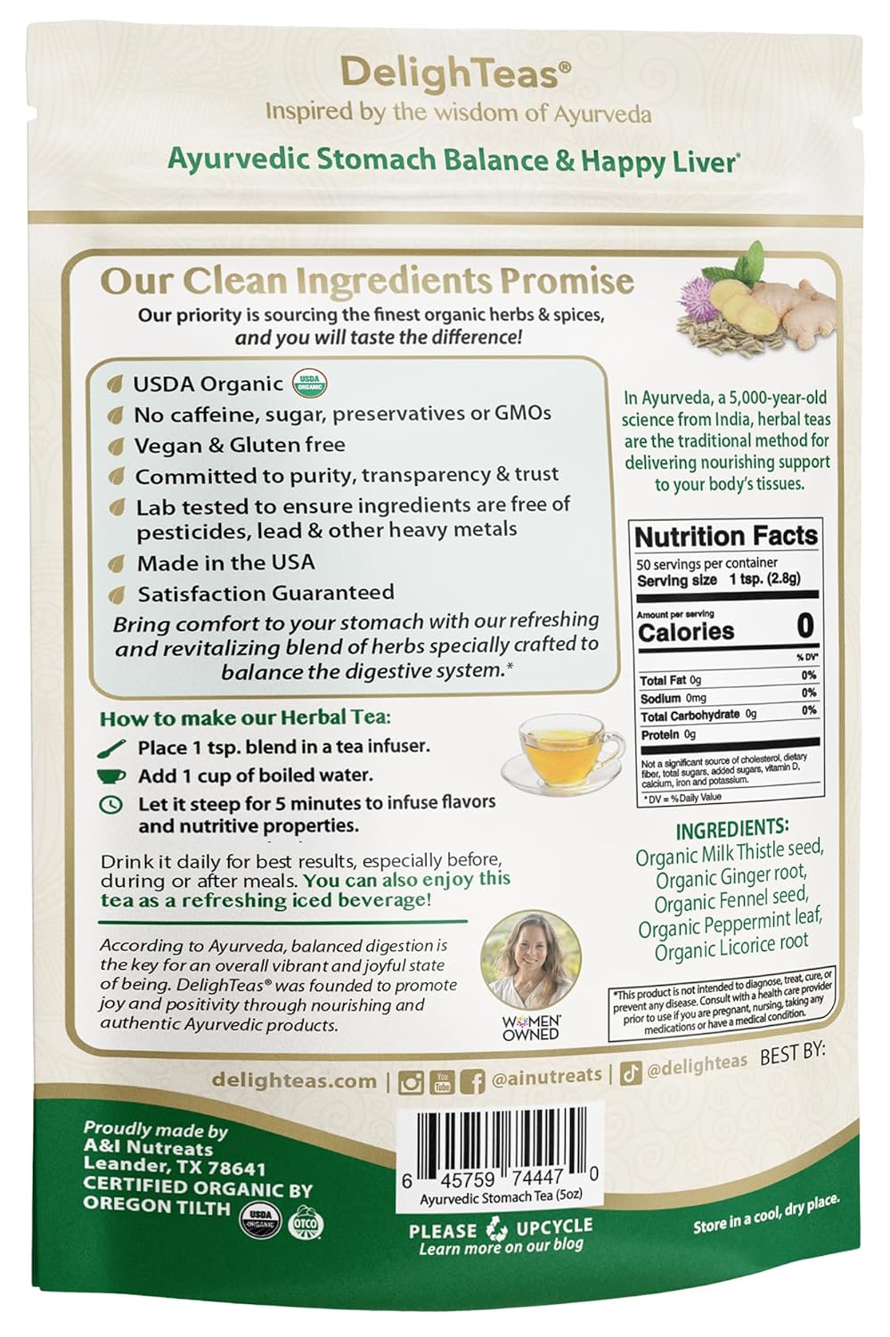 DelighTeas Stomach & Liver Tea | Ayurvedic Herbal Blend for Digestion | Organic Milk Thistle, Fennel, Ginger, Peppermint & Licorice | Vegan, Caffeine-Free, Sugar-Free | Loose Leaf, 50 Servings, 5oz
