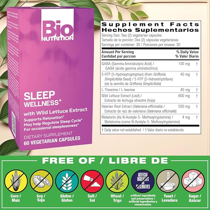 Bio Nutrition Sleep Wellness 60 Vegetarian Capsules | Wild Lettuce Extract | Supports Relaxation | Promotes a Better Sleep Cycle | May Assist with Stress Relief