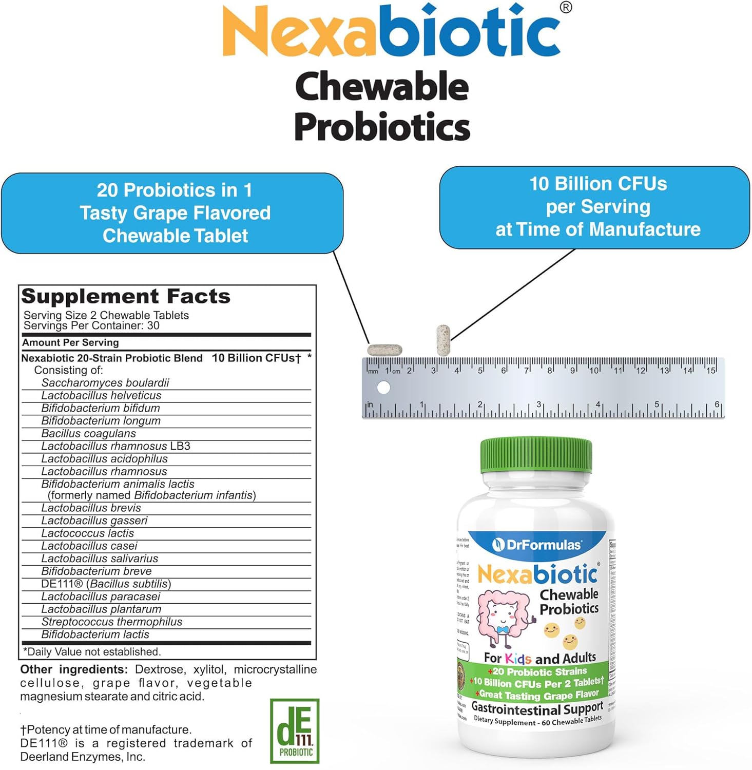 DrFormulas Chewable Probiotics for Kids & Adults | for Oral Dental Health, Bad Breath, & Better Digestion 20 Multi Strain - S boulardii, Lactobacillus plantarum and Bifidobacterium infantis, 60 Chews
