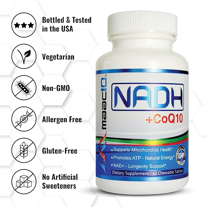 MAAC10 NADH + CoQ10 Supplement | Great Tasting Chewable Tablets | 50mg PANMOL® NADH + 100mg CoQ10 | for Fatigue, Energy and Mental Focus | NAD+ Supplement (60 Tablets 2 per Serving)