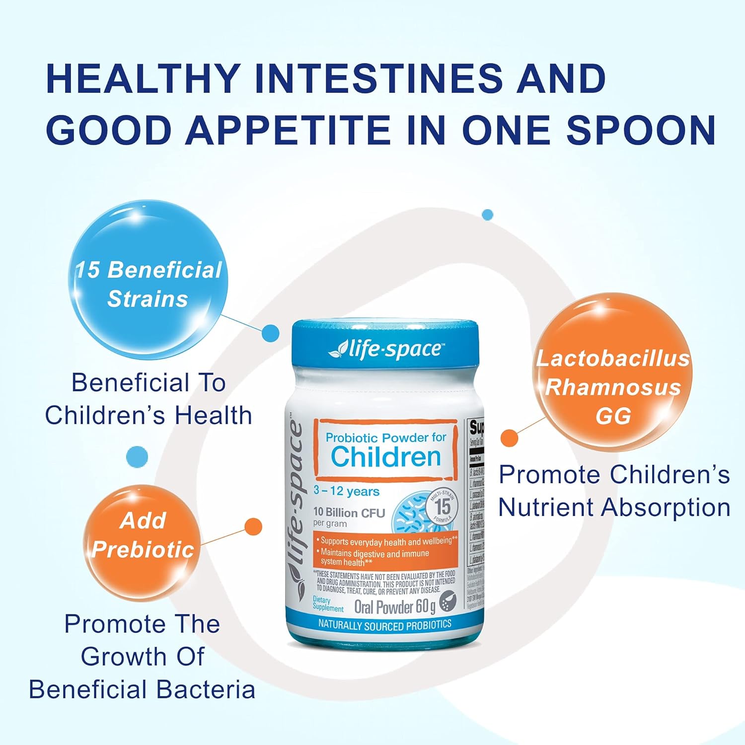 Life-Space Probiotic for Children 3-12 Years,10 Billion CFU & Multi Strain, Improve Appetite for Relieve Picky, Boost Digestive Health & Immune, Support Children's Overall Health, 60 Grams