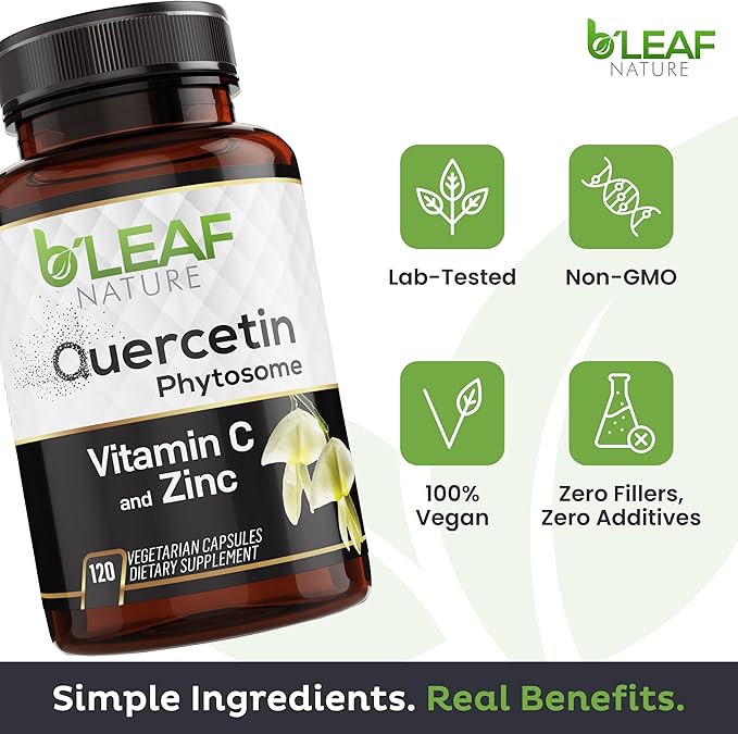 B'LEAF NATURE Quercetin Phytosome, 120 Capsules – 1000mg High Absorption Quercetin with Vitamin C and Zinc – Non-GMO Vegetarian Quercetin Supplement for Immune, Energy and Seasonal Support