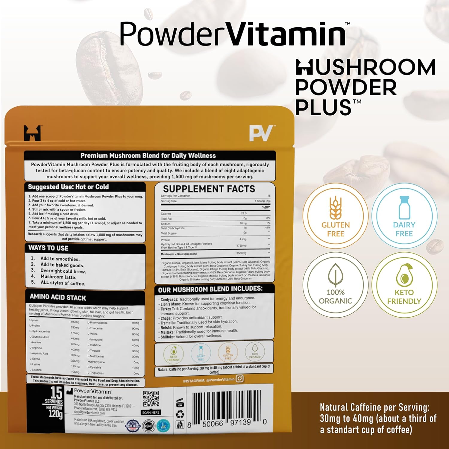 Organic Mushroom Coffee Certified Mold & Mycotoxin Free GrassFed Collagen Types I & III 8 Fruiting Body Mushrooms Tested for BetaGlucans Focus Energy Digestion & Immunity 15 Servings