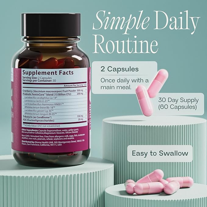 BIOMA Feminine Health Synbiotic - Women's Health Supplement for Healthy Vaginal pH, Urinary Tract & Digestive Support - with Probiotics, Cranberry & Tributyrin - 180 Capsules (3 Pack, 90-Day Supply)