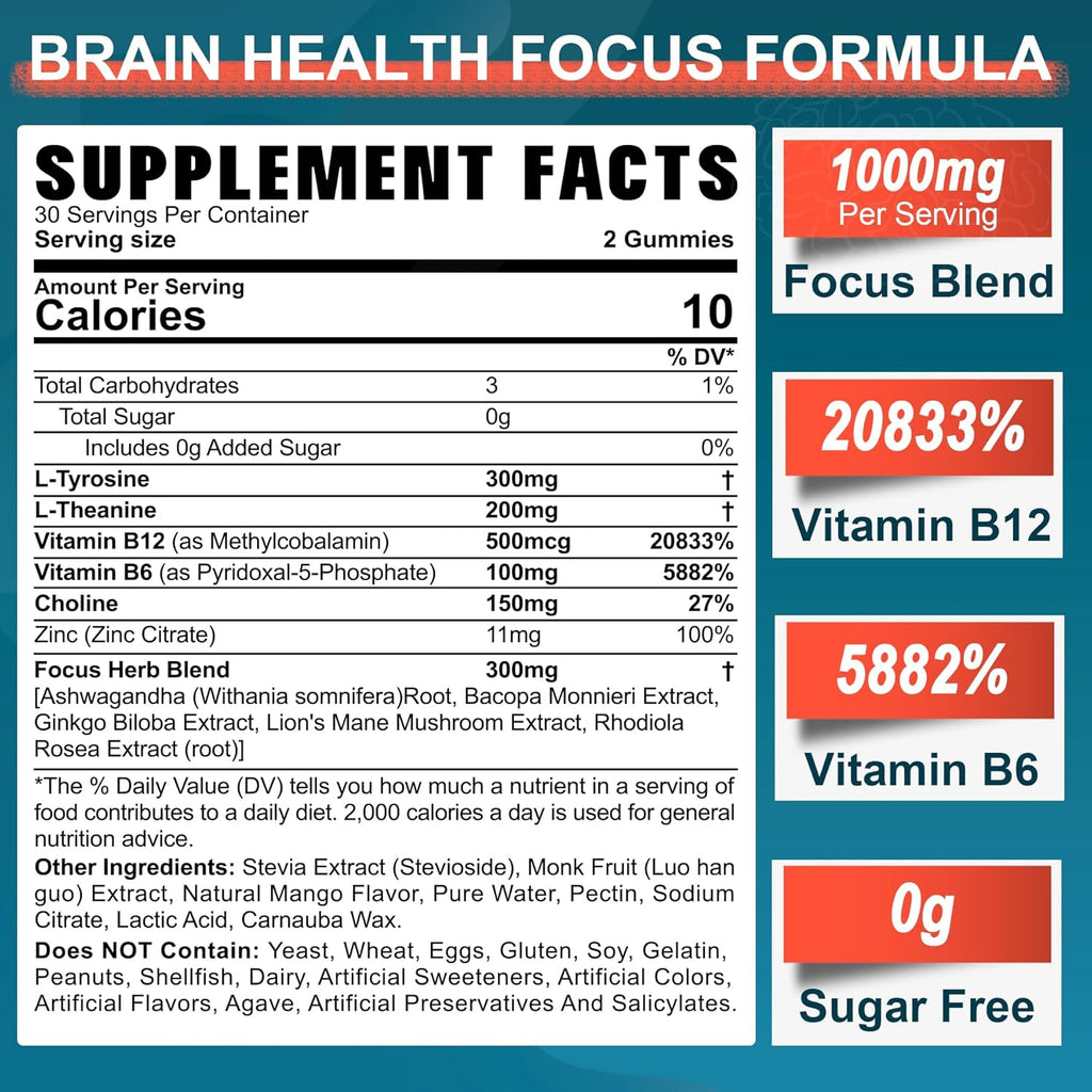 Sugar Free L-Tyrosine Gummies 300mg L-Theanine 200mg Vitamin B6 100mg & B12 500mcg, Brain Health Herbs 300mg w/Ginkgo Biloba, Rhodiola Rosea, Lion's Mane Mushroom for Sustained Focus & Energy, 1Pack
