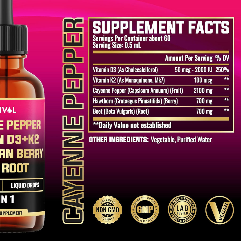 5in1 Cayenne Pepper Liquid Drops with Vitamin D3, Vitamin K2, Hawthorn Berry and Beet Root - Digestion Support - 1 FL Oz - 60 Days Supply