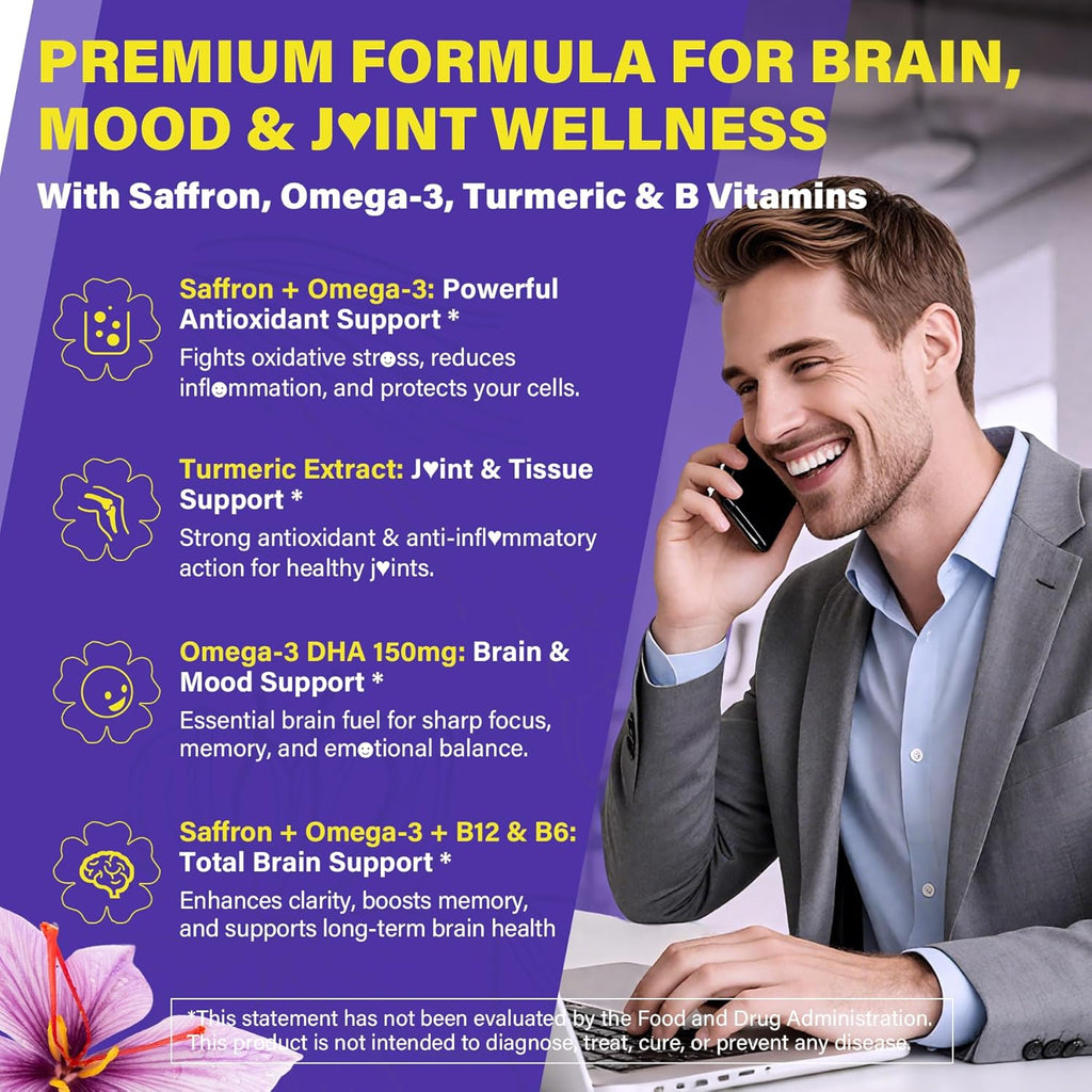 Saffron Supplements - 100mg Liposomal High Absorption 100% Pure Saffron Extract with Magnesium Glycinate, Omega-3, Turmeric, Ashwagandha, Vitamin B6, B12, D3 for Mood, Brain - 60 Softgels.