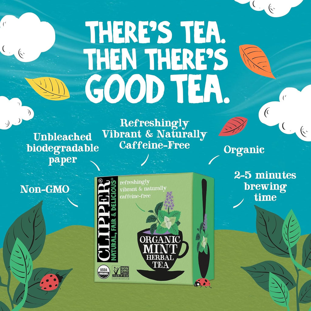 Clipper Tea Mint Herbal Teabags – Caffeine Free, USDA Organic, Great Hot or Iced – Refreshing, Natural, Fair & Delicious – 50 Tea Bags