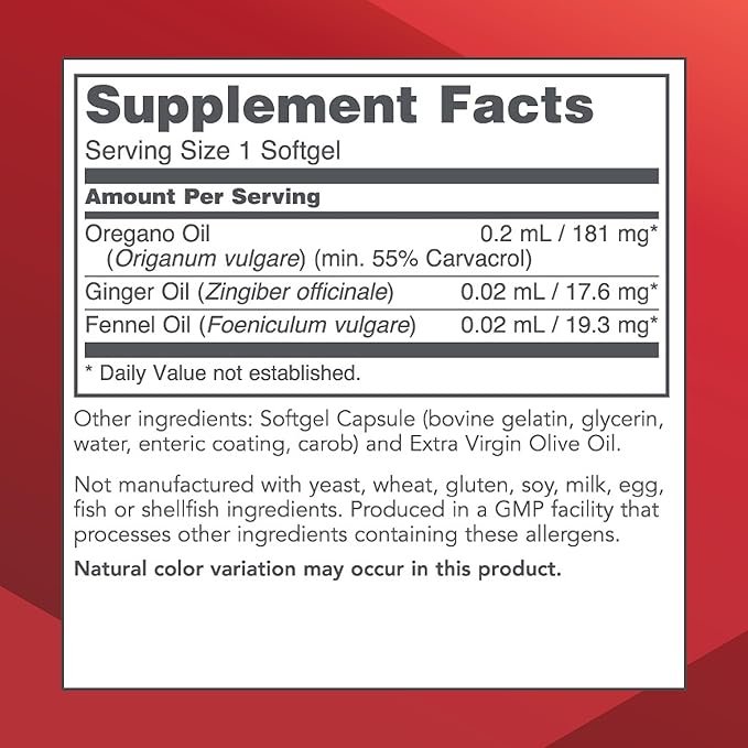 Protocol Oregano Oil 0.2 mL - for Intestinal Support* - Minimum 55% Carvacrol - with Ginger & Fennel Oil - Dairy Free & Egg Free - 90 Softgels