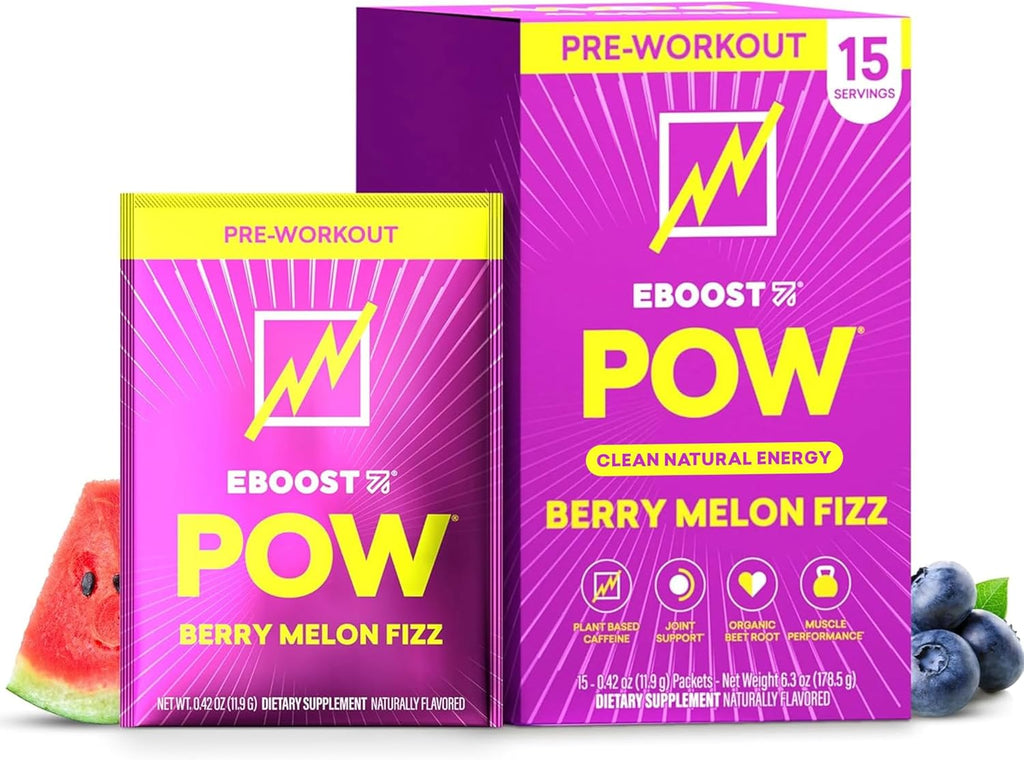EBOOST POW Natural Pre Workout Powder - 15 Packets, Berry Melon Fizz - Preworkout Energy Booster Gym Supplement Drink Mix for Men and Women - Performance, Joint Mobility Support - Gluten-Free