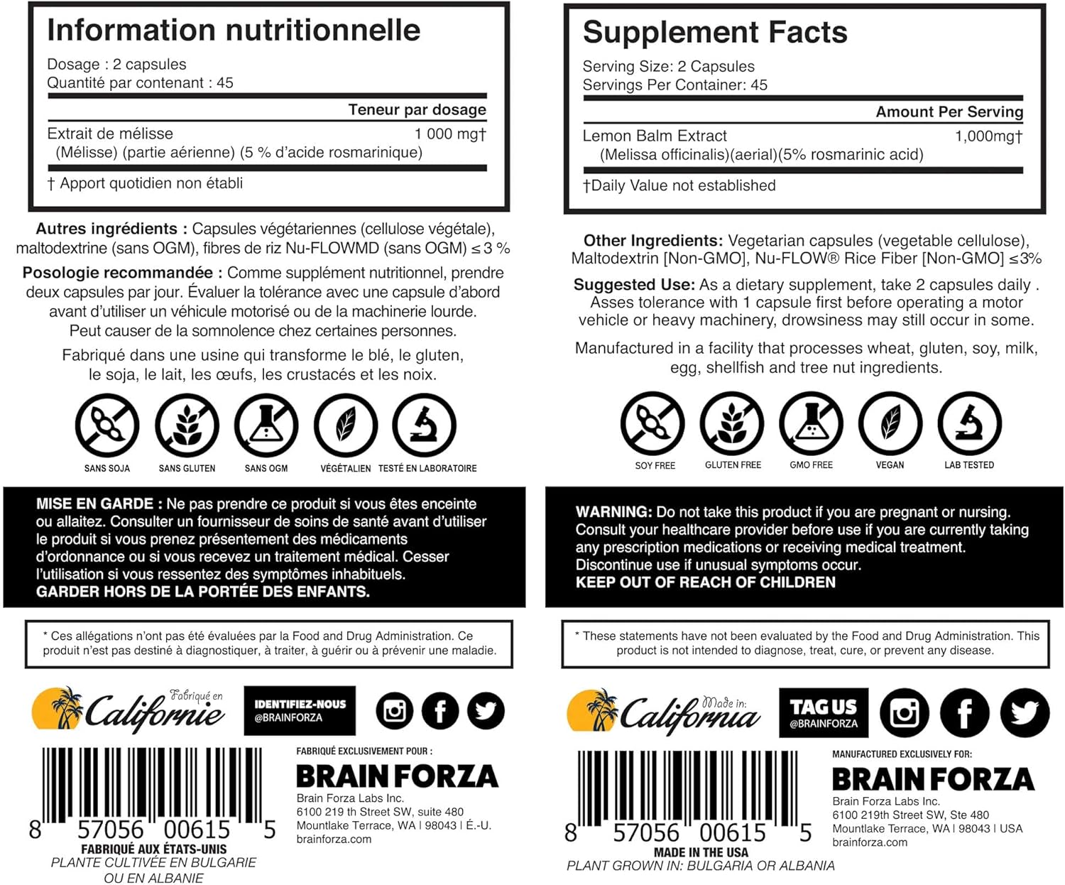 Brain Forza Lemon Balm R5 Extract Capsules - Standardized Extract 5% Rosmarinic Acid, 90 Capsules