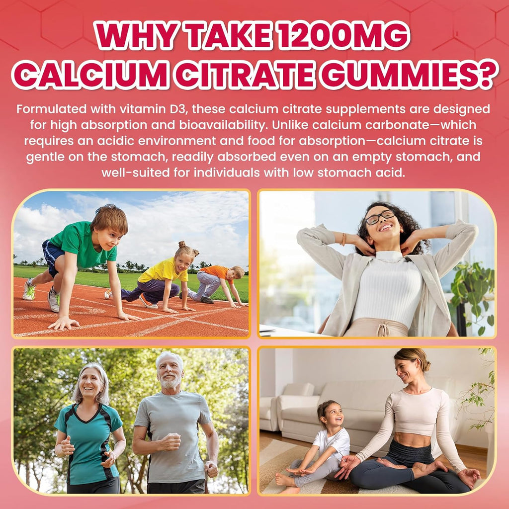 Calcium Citrate Gummies - 1200mg Calcium Gummies Supplements for Women & Men with Vitamin D3, K2, Magnesium, Zinc High Absorption for Bone, Muscle & Immune Support, Strawberry Flavor, 60 Count