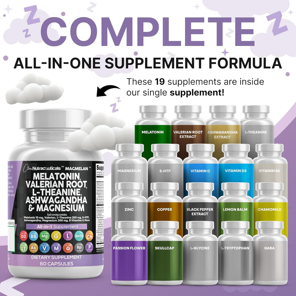 Clean Nutraceuticals Melatonin 10mg Valerian Root L Theanine 200mg Ashwagandha - Sleep Support for Women & Men with Magnesium Complex, Lemon Balm, Chamomile, & Passion Flower - 60 Caps