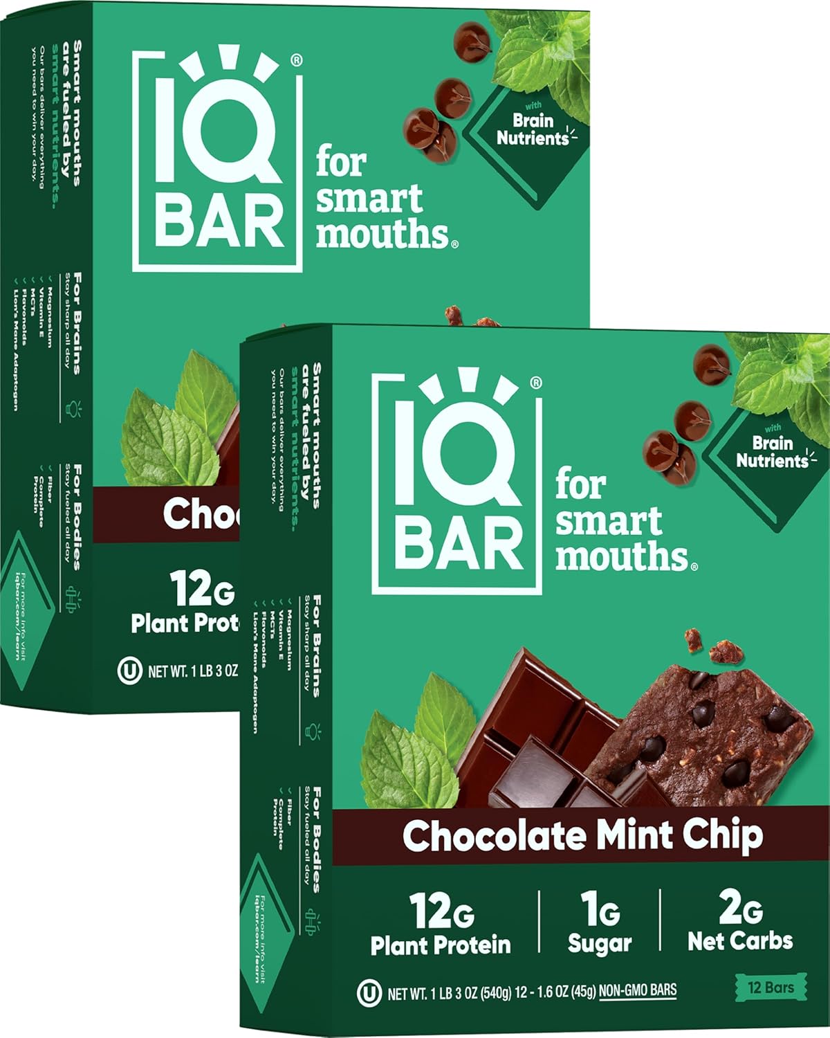 IQBAR Brain and Body Plant Protein Bars - Chocolate Mint Chip - 24-Count - Keto, Vegan, Low Carb, High Fiber, Gluten Free, Dairy Free, Low Sugar Snack with Nutrients for Focus, Energy, Meal Replacement