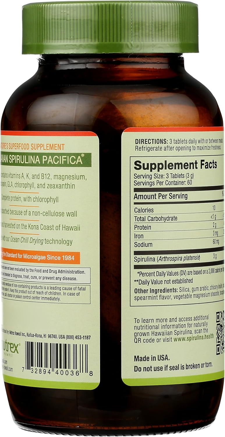 Nutrex Hawaii, Pure Hawaiian Spirulina, 1000 mg Spearmint Tablets, 180 Count, Vegan, Supports Immune System, Heart, Cells and Energy