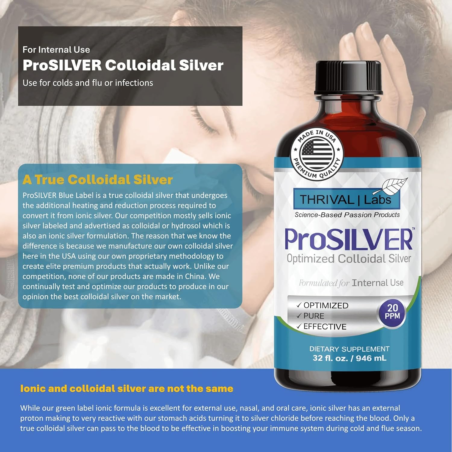 ProSILVER Blue Label 20 PPM Colloidal Silver Liquid (8oz), Optimized Bio-Active Liquid Silver Nanoparticles for Immune Support, Dark Glass Bottle - Thrival Labs