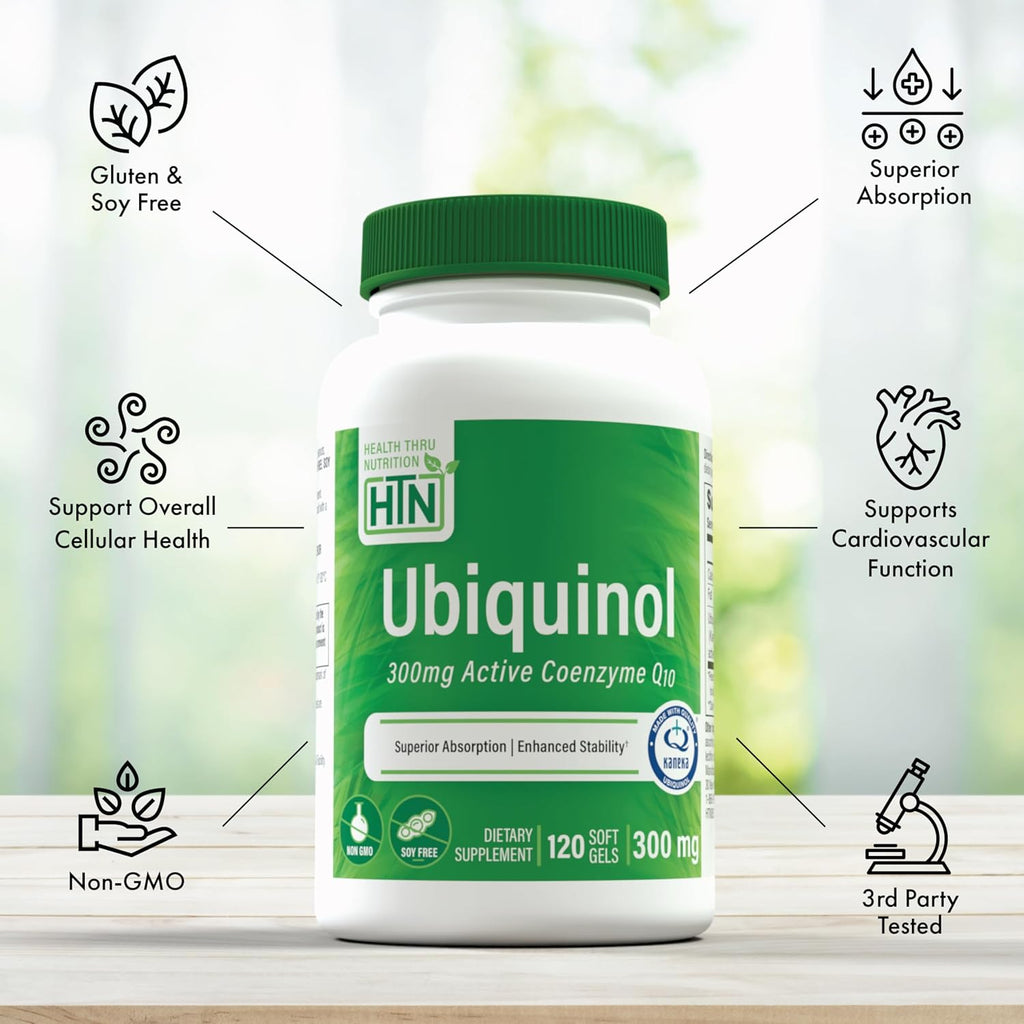 Health Thru Nutrition Ubiquinol 300mg 120 Softgels as Kaneka QH Reduced CoQ-10 | Stabilized - 3rd Party Tested | Enhanced Bioavailability | Cardiovascular & Mitochondria Function Support | Non-GMO