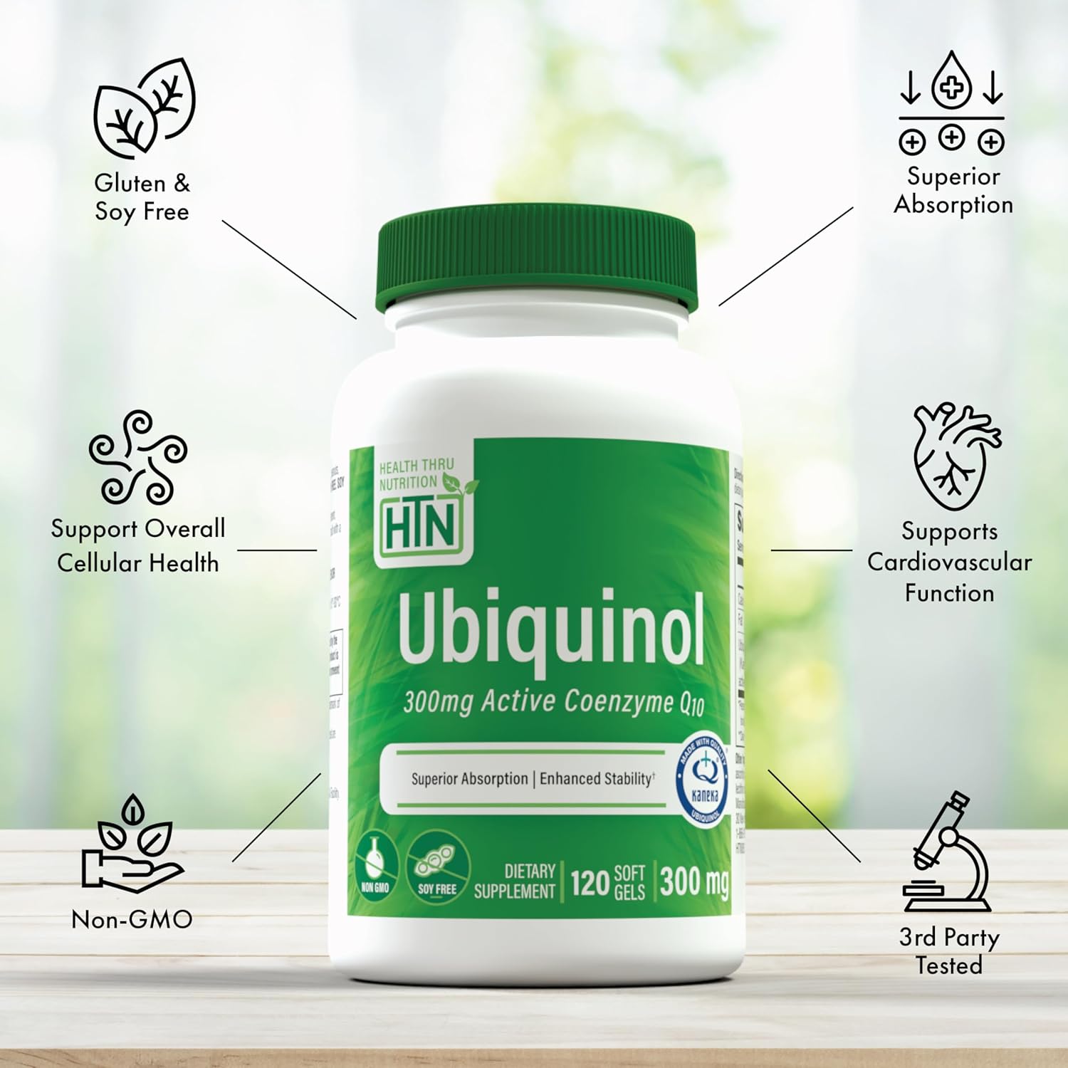 Health Thru Nutrition Ubiquinol 300mg 120 Softgels as Kaneka QH Reduced CoQ-10 | Stabilized - 3rd Party Tested | Enhanced Bioavailability | Cardiovascular & Mitochondria Function Support | Non-GMO