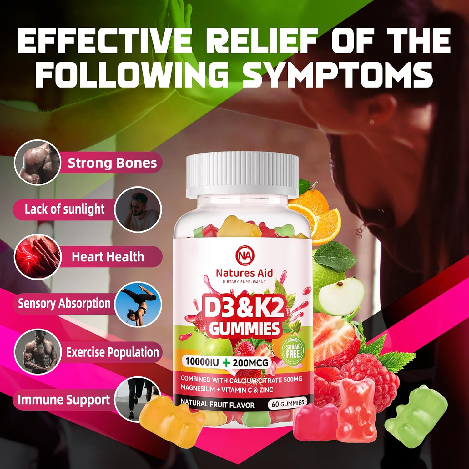 Sugar-Free Vitamin D3 K2 Gummies with Calcium + K2 (MK-7), Magnesium Citrate, Vitamin C, Extra Strength - Ultimate Absorption for Bone Muscle Teeth Immune, Vegan - 60 Gummies
