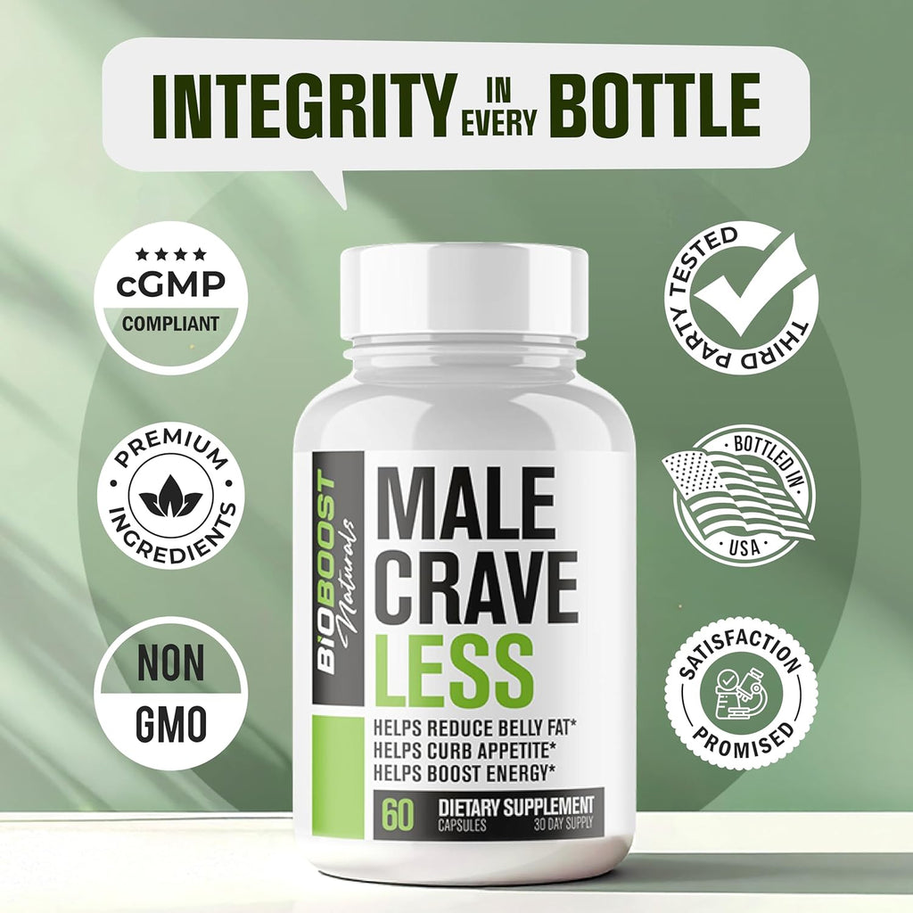 Male Crave Less - Fat Burner & Appetite Suppressant for Men to Help Shed Belly Fat, Sustain Muscle & Boost Energy | 3rd Party Tested Supplement - 60 Weight Loss Pills to Help Lose Weight