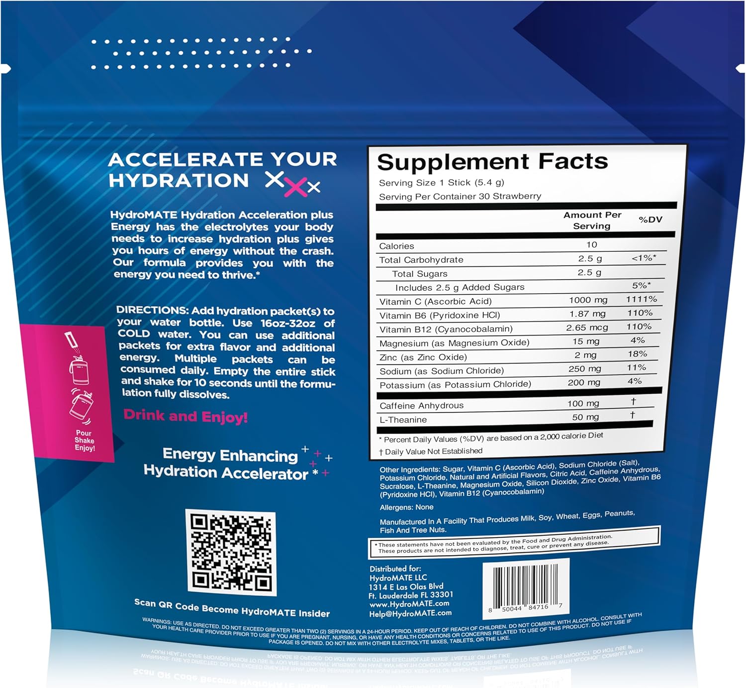 HydroMATE Electrolytes Powder Drink Mix Packets Hydration Accelerator Low Sugar Rapid Party Relief Recovery Vitamin C Plus Caffeine Strawberry 16 Count