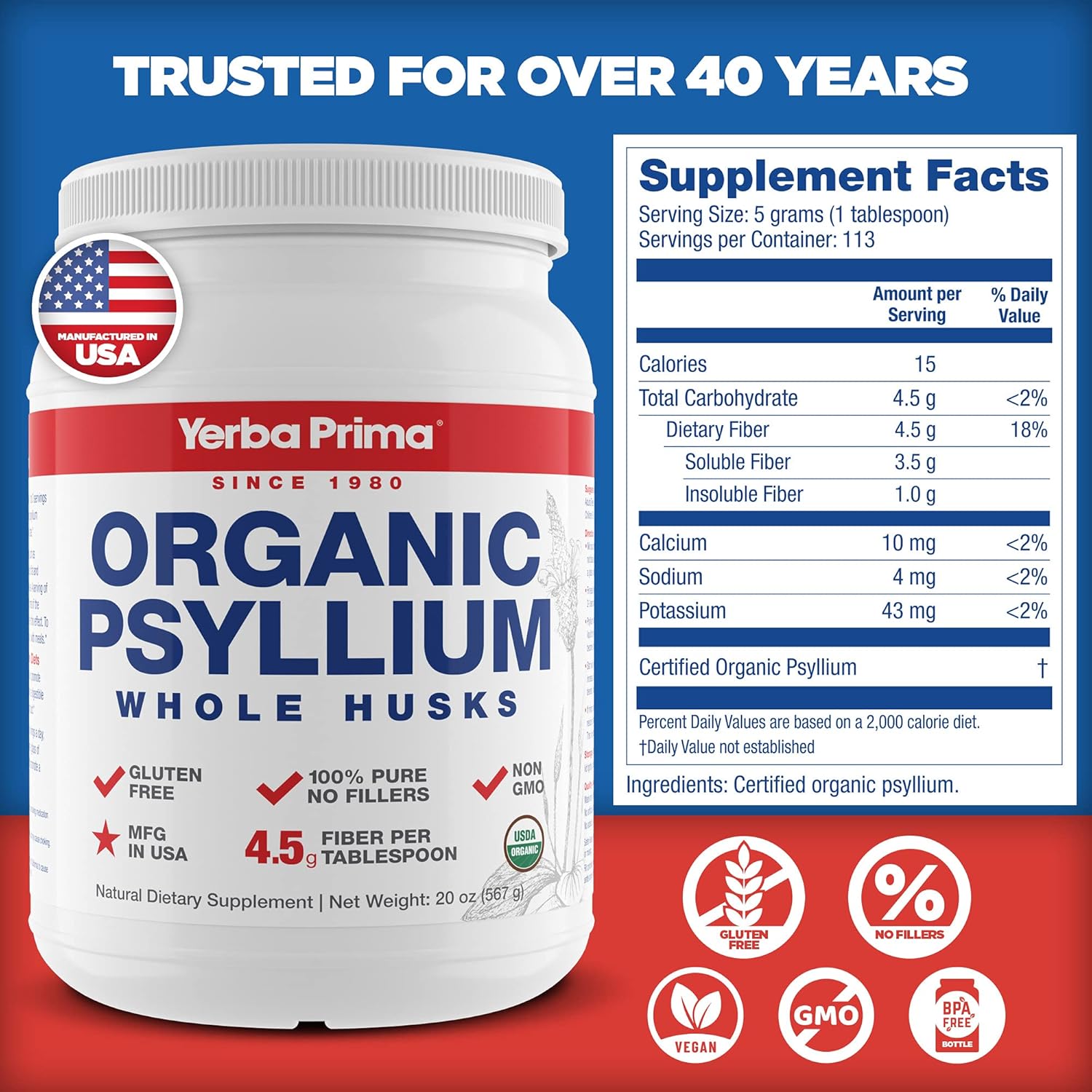 Yerba Prima Organic Whole Psyllium Husks Fiber - 20 oz (Pack of 2) - Natural Daily Dietary Fiber Supplement, Colon Cleanser, Regularity & Detox Cleansing Support, Gluten Free, Non GMO, Vegan