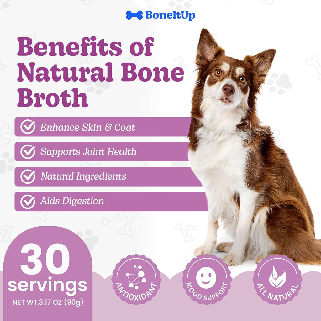 Dog Bone Broth Powder - Made with Real Beef & Chicken, Nutritious & Hydrating Dog Bone Broth Topper for Picky Eaters - Healthy Joints, Coat, Digestion Support (30 Servings)
