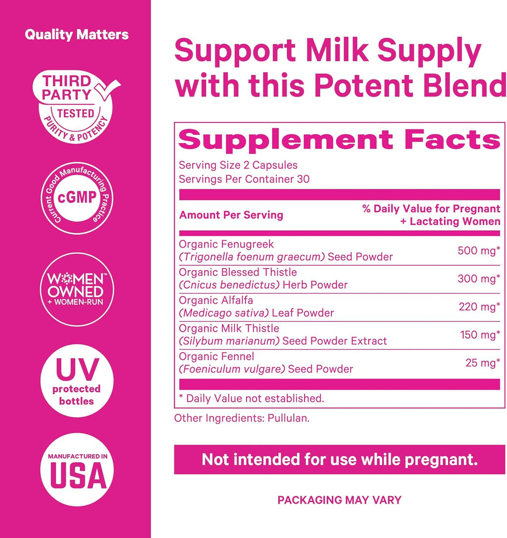 Pink Stork Total Lactation Supplement for Breast Milk Supply, Organic Fenugreek and Alfalfa to Support Breastfeeding, Milk Flow, and Production, Postpartum Essentials - 60 Capsules