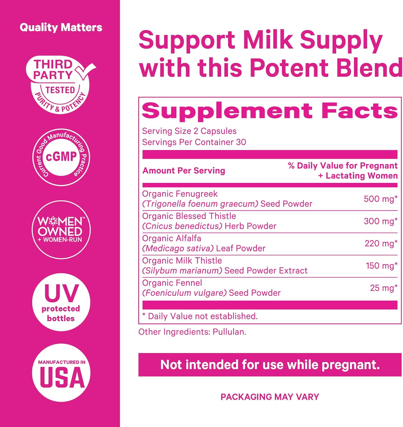 Pink Stork Total Lactation Supplement for Breast Milk Supply, Organic Fenugreek and Alfalfa to Support Breastfeeding, Milk Flow, and Production, Postpartum Essentials - 60 Capsules