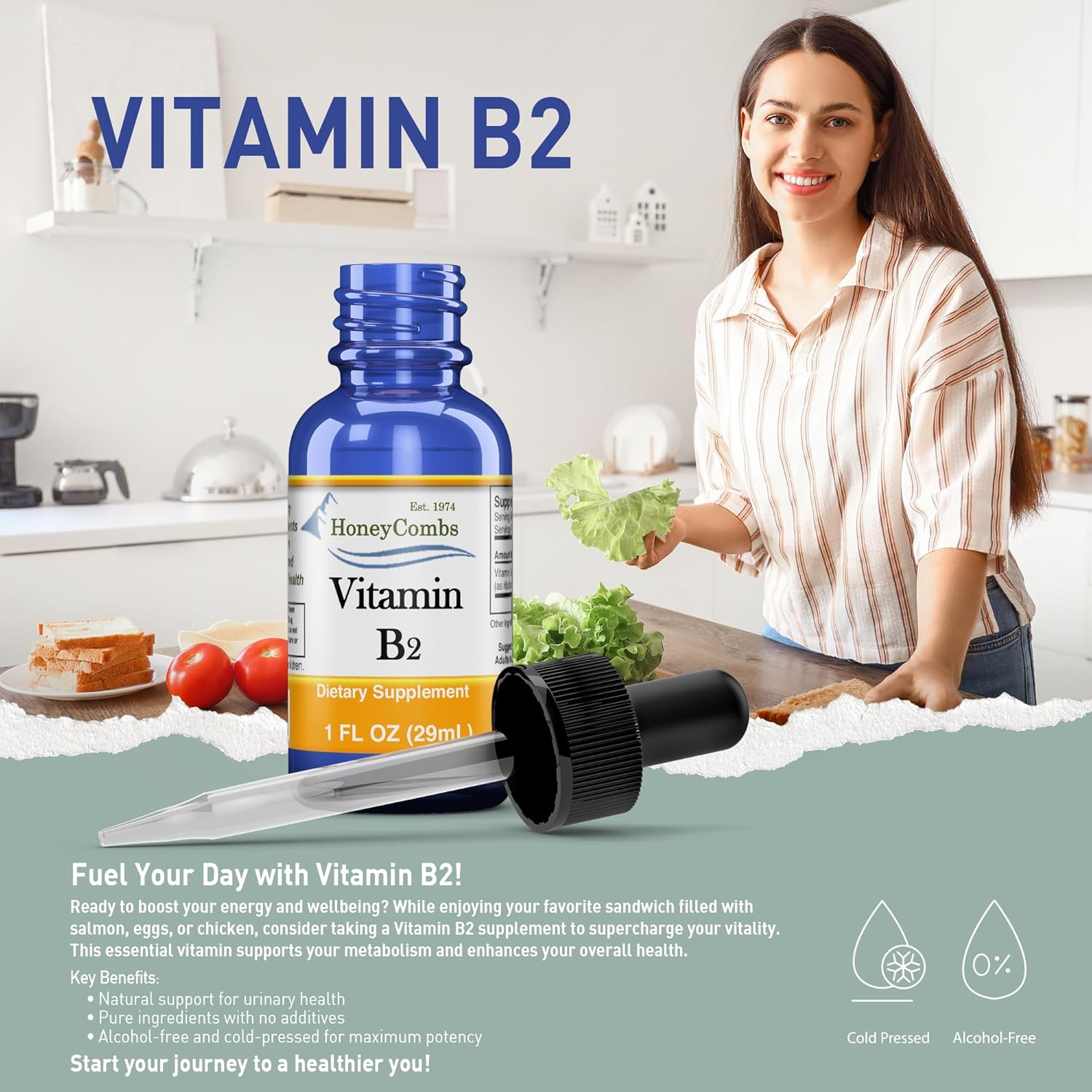HoneyCombs Vitamin B2 Riboflavin Supplement Liquid Drops - High Potency Vitamin B2 for Men & Women - Maintain Healthy Digestion, Nervous System, Hair, Skin, Nails - Vegan Liquid Vitamins (1 Fl oz)