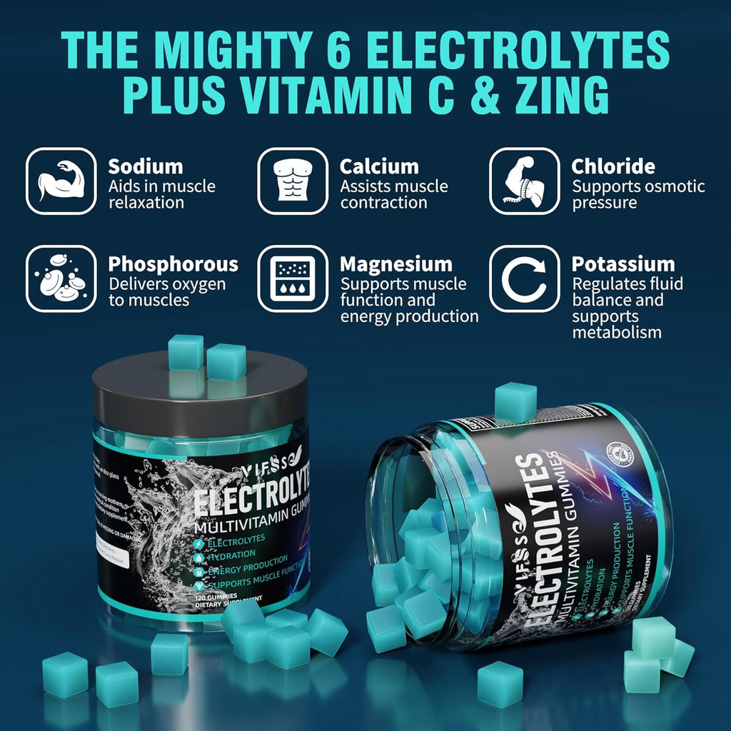 Electrolytes Gummies No Sugar, 120 Chewable Electrolyte Gummies with 6 Electrolytes for Runners and Endurance Sports, Refreshing Blue Raspberry, Hydration Electrolyte Chews, 1 Pack