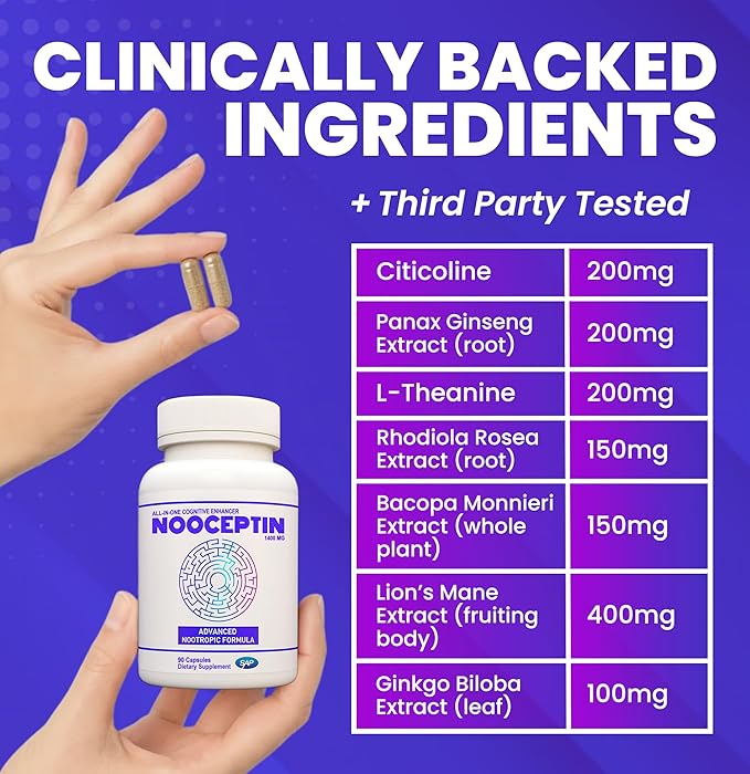 NOOCEPTIN All-in-One Cognitive Enhancer – Full Spectrum Nootropic Brain Support Supplement with Advanced Formula to Boost Productivity, Mental Clarity, Calm Focus, and Performance – 90 Capsules