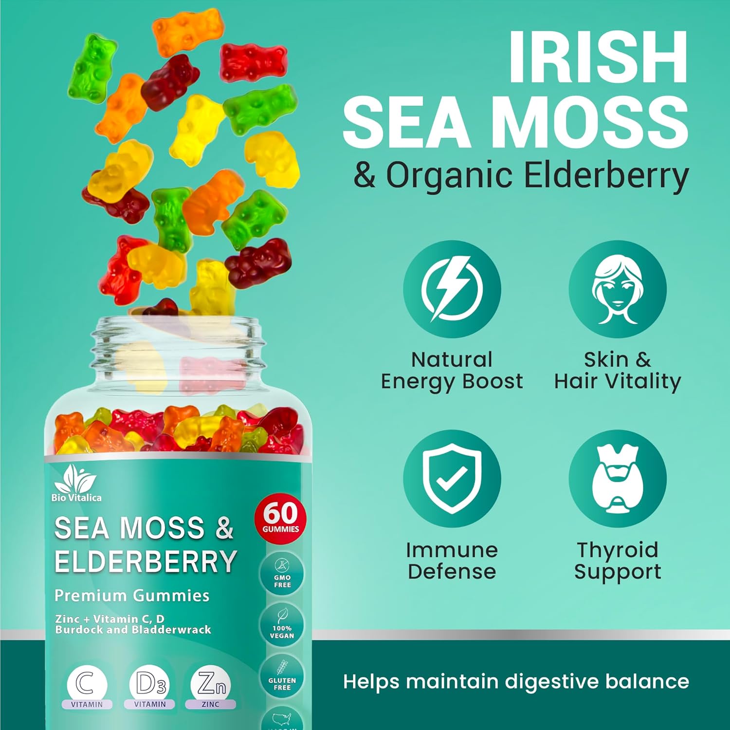 BIO VITALICA Sea Moss Gummies Elderberry BioVitalica - Vitamin C D + Zinc - Irish Seamoss Vegan Gummy with Sea Moss Gel & Powder for Immunity, Detox - for Adults and Kids (6Packs)